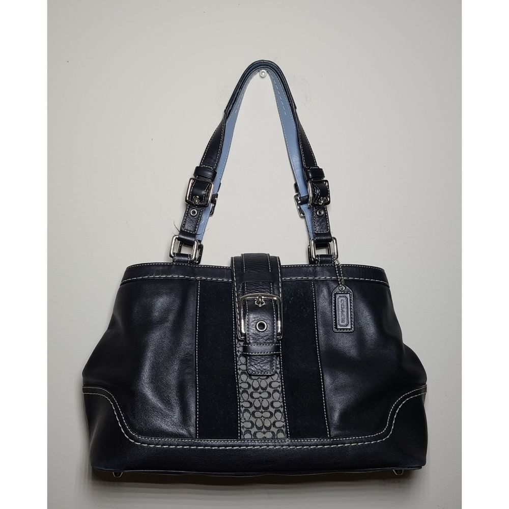 COACH|Hampton Black Leather Buckle Expandable Satchel